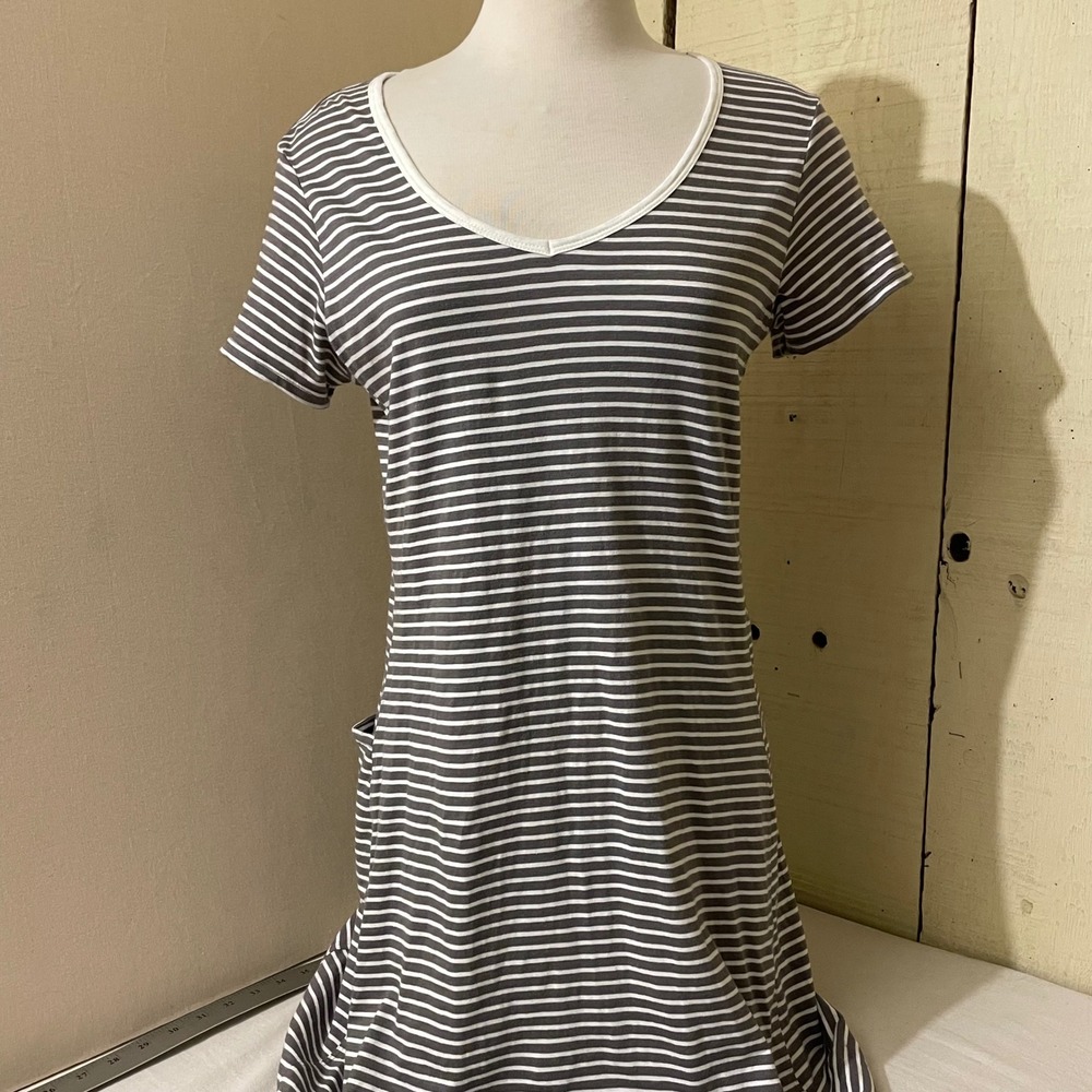 Toad & Co‎ Womens Medium Gray White Striped Organic Cotton Tencel T-Shirt Dress